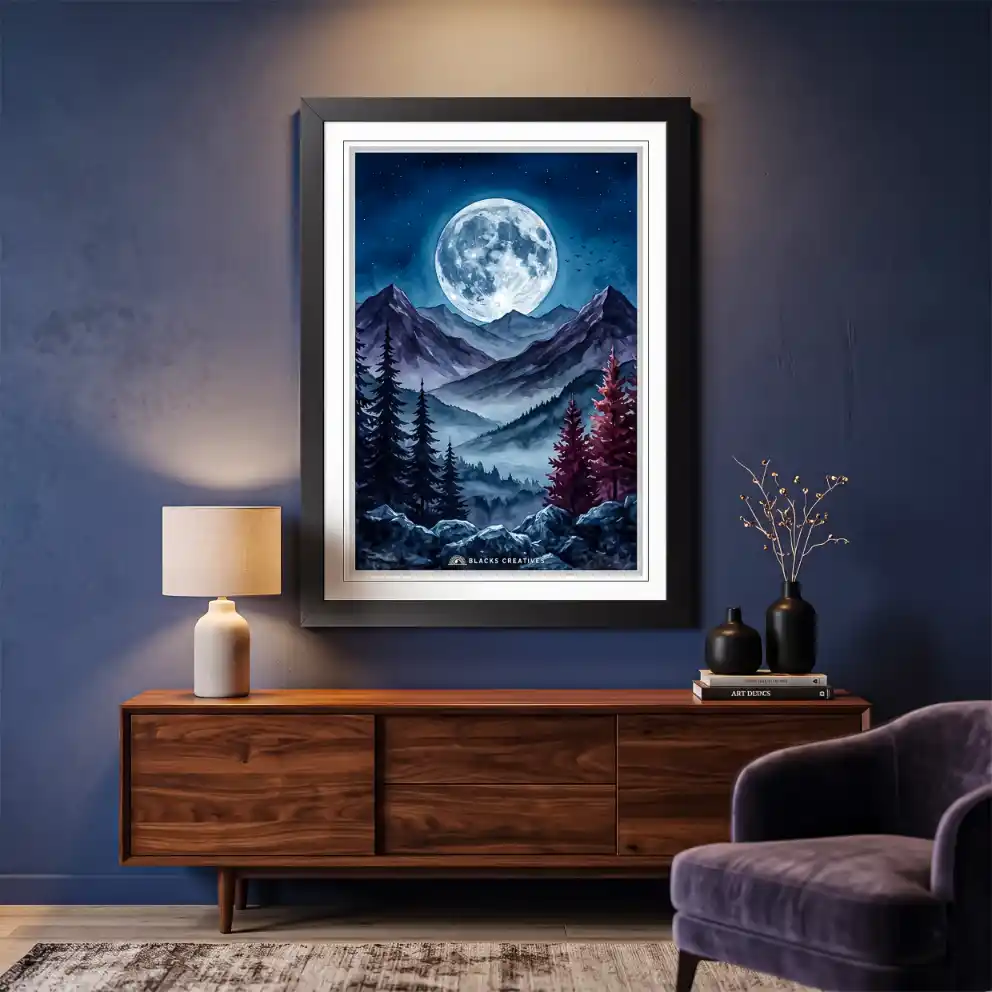 Serene Moonlit Mountain Night Wall Painting With Frame 9x13 Inch