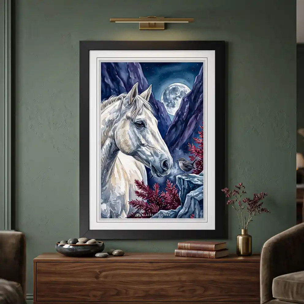 Majestic Moonlit White Horse Wall Painting With Frame 9x13 Inch