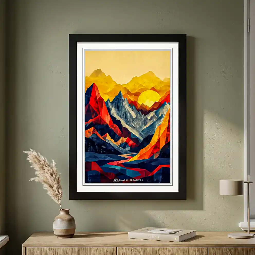 Golden Valley Geometric Mountain Wall Painting With Frame 9x13 Inch
