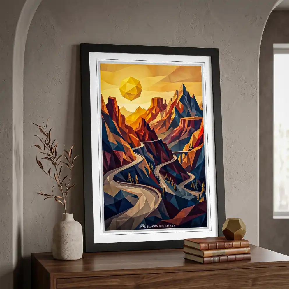 Golden Geometric Canyon Road Wall Painting With Frame 9x13 Inch