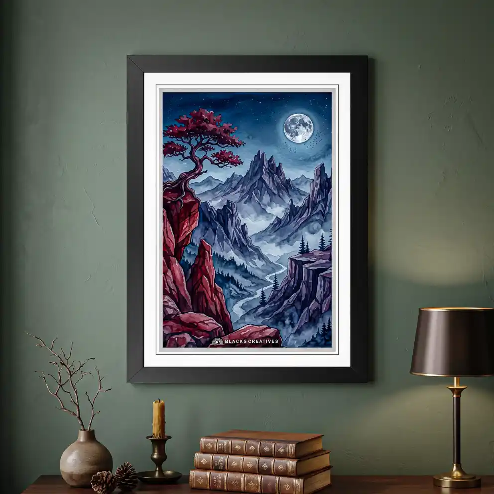 Mystical Moonlit Night Cliff Wall Painting With Frame 9x13 Inch