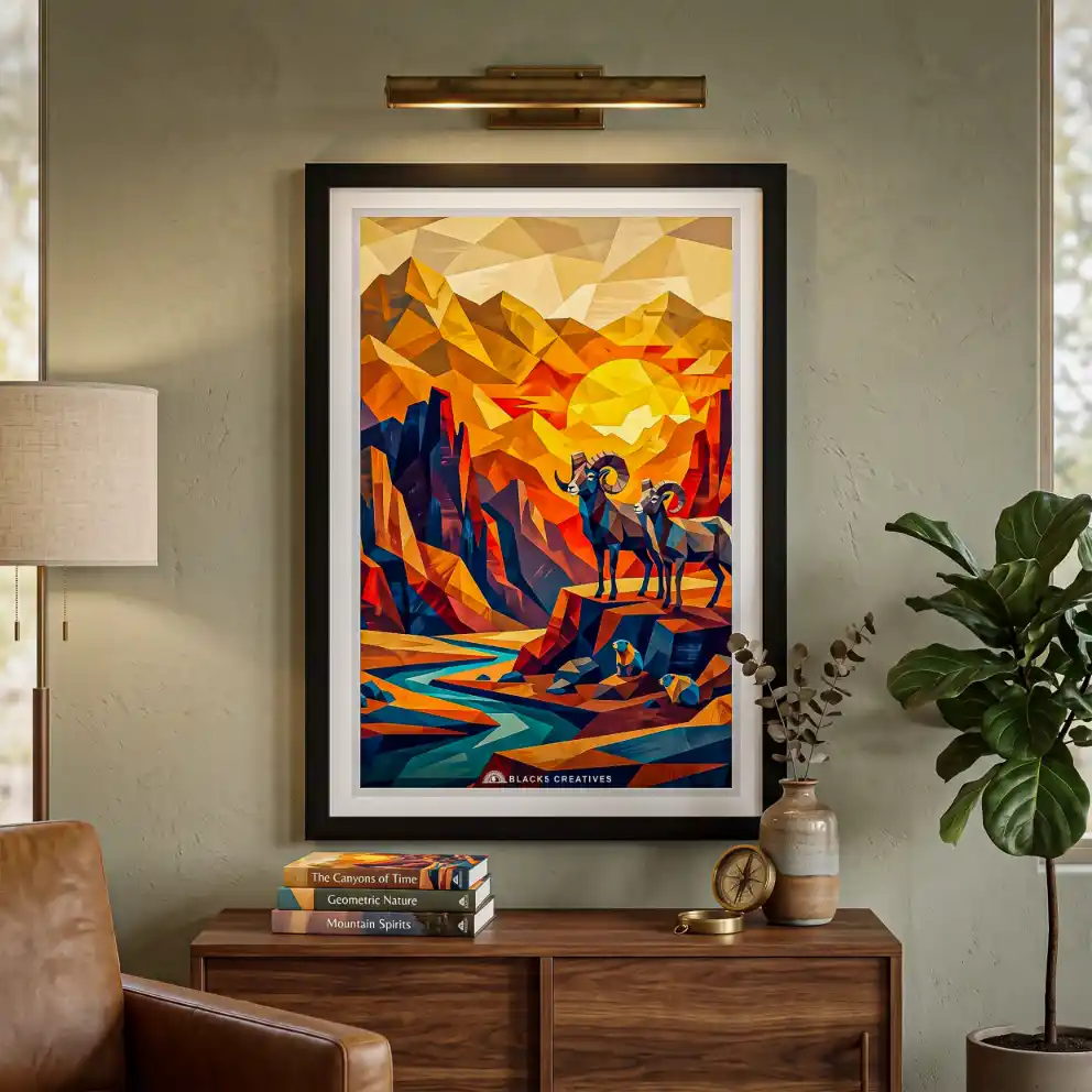 Geometric Bighorn Sheep Mountain Wall Painting With Frame 9x13 Inch