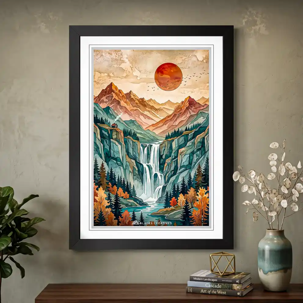 Crimson Sun Waterfall Cliff Wall Painting With Frame 9x13 Inch