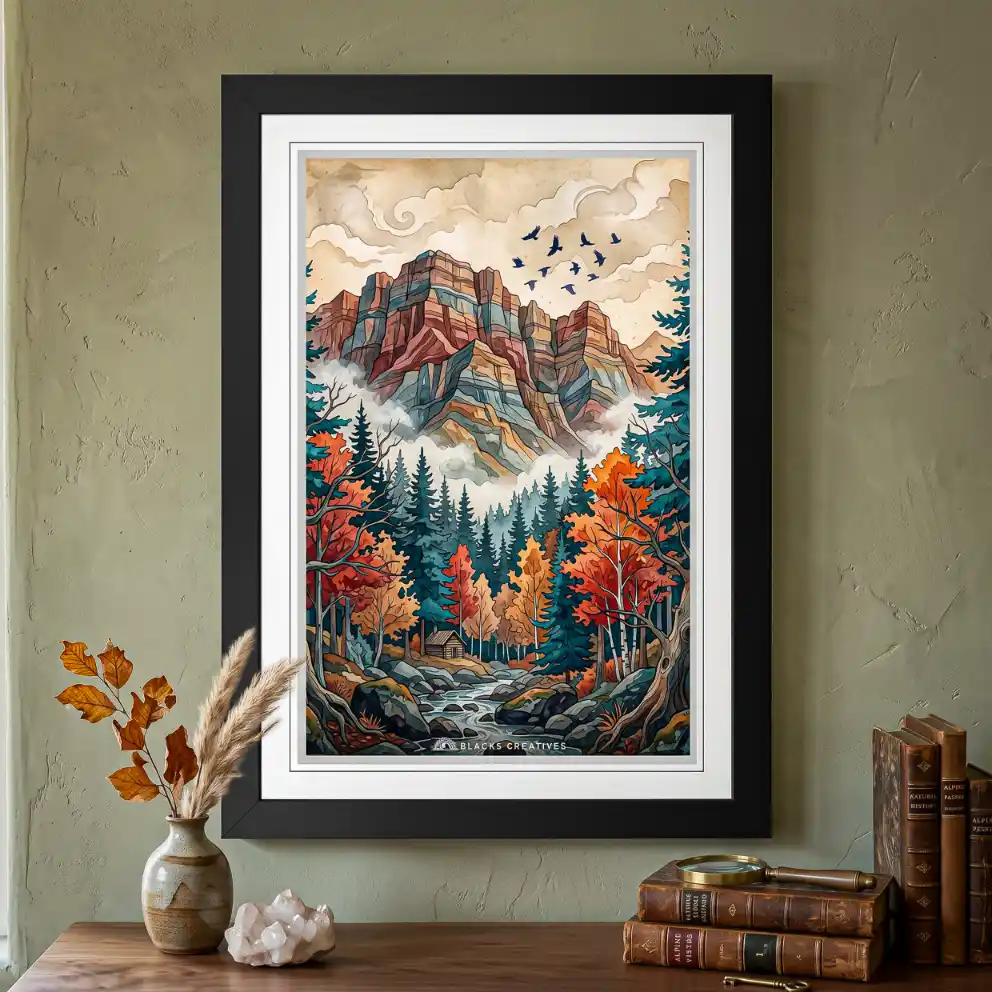Misty Autumn Forest Cabin Wall Painting With Frame 9x13 Inch