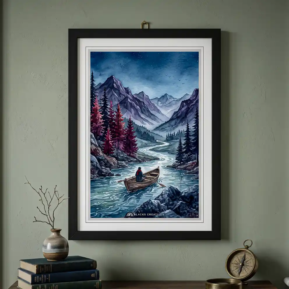 Serene Solitary Rowboat River Wall Painting With Frame 9x13 Inch