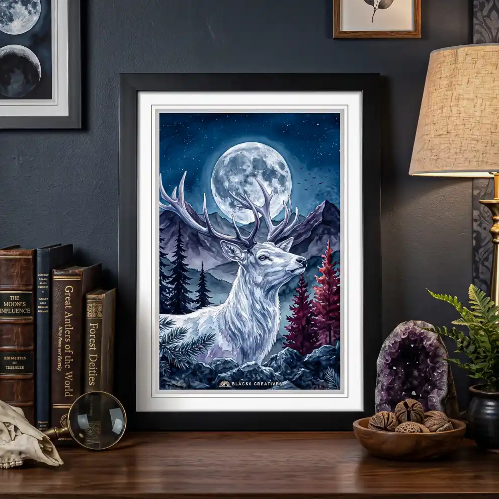 Majestic Moonlit White Stag Wall Painting With Frame 9x13 Inch