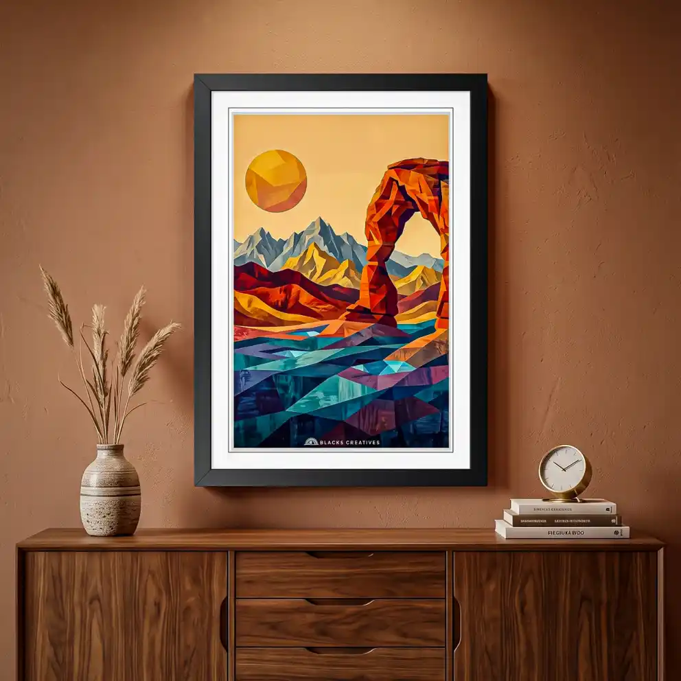 Colorful Geometric Desert Arch Wall Painting With Frame 9x13 Inch