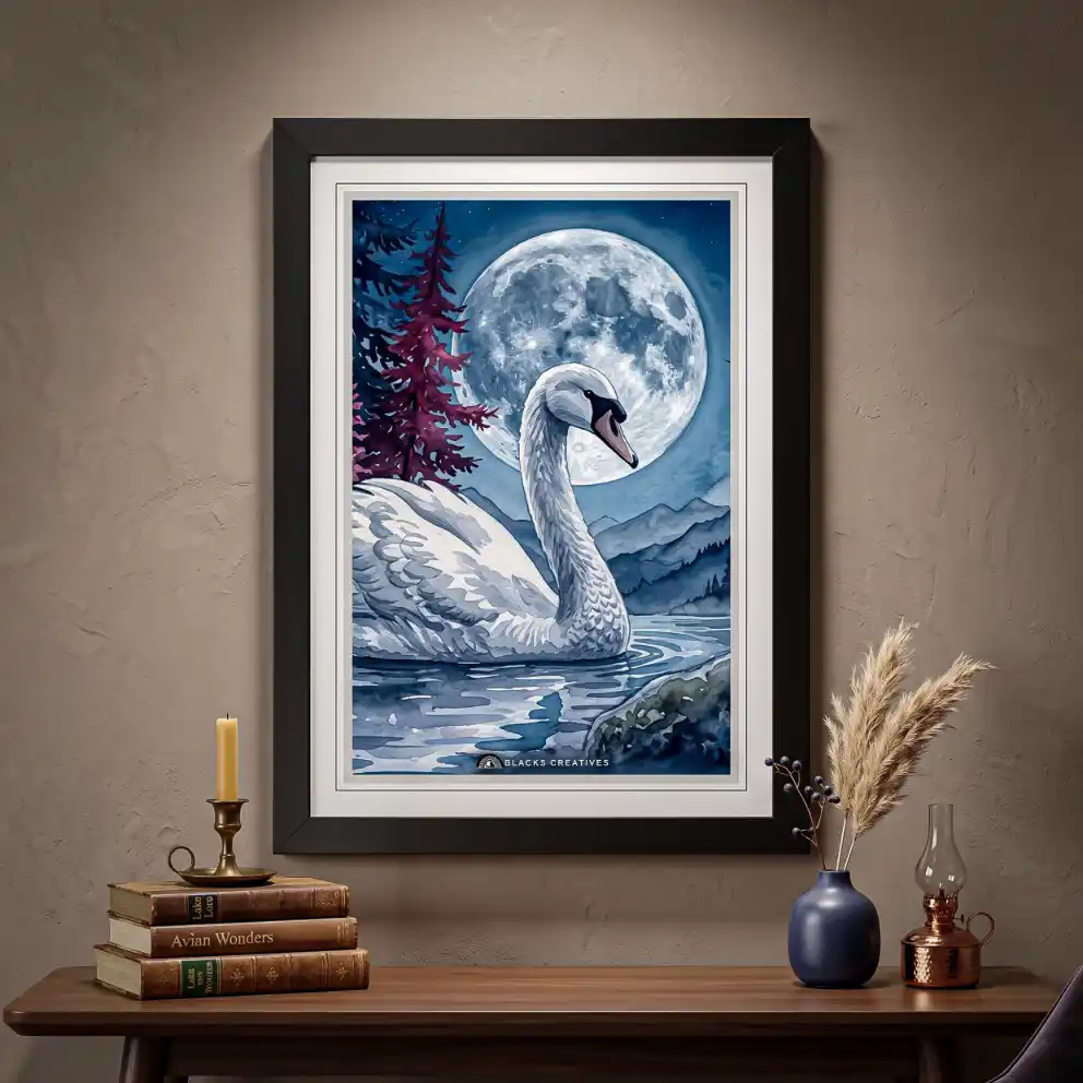 Elegant Moonlit White Swan Wall Painting With Frame 9x13 Inch