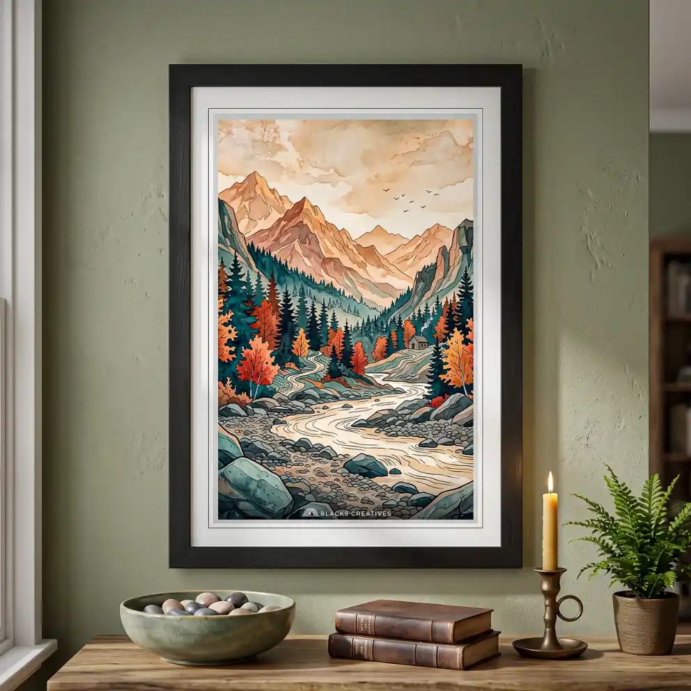 Rocky River Autumn Cabin Wall Painting With Frame 9x13 Inch