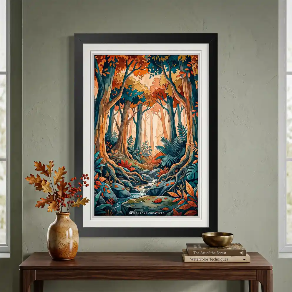 Magical Enchanted Autumn Forest Wall Painting With Frame 9x13 Inch