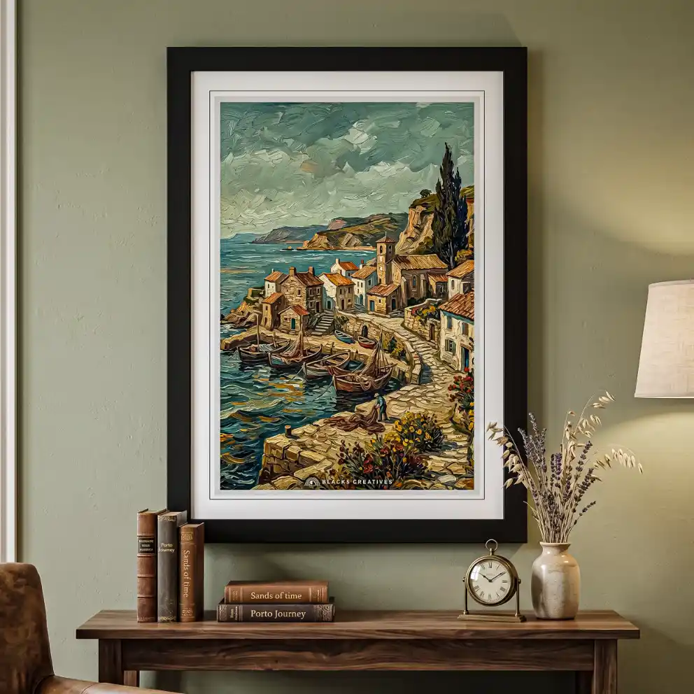 Coastal Fishing Village Wall Painting With Frame – 9x13 Inch