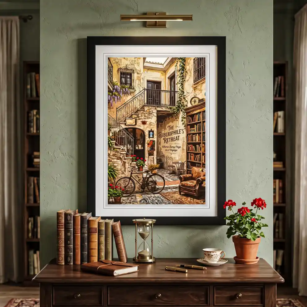 Bibliophile Courtyard Wall Painting With Frame – 9x13 Inch