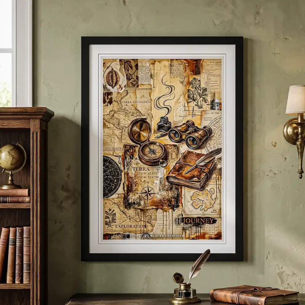 Vintage Explorer Map Wall Painting With Frame – 9x13 Inch