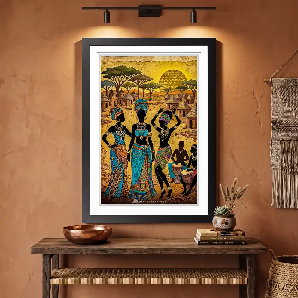 African Village Dance Wall Painting With Frame, 9x13 Inch