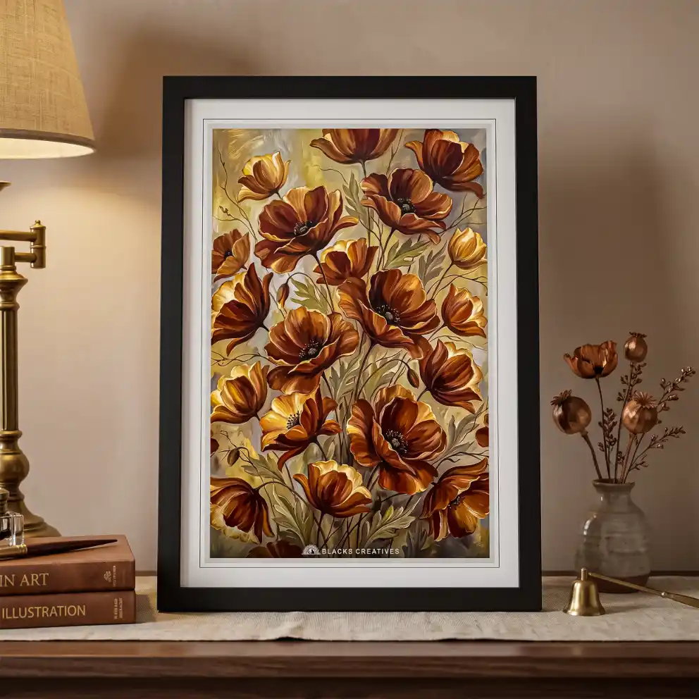 Amber Poppy Floral Wall Painting With Frame, 9x13 Inch