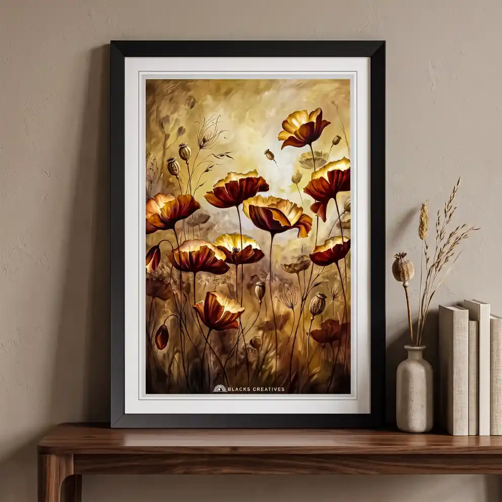 Golden Meadow Poppy Wall Painting With Frame, 9x13 Inch