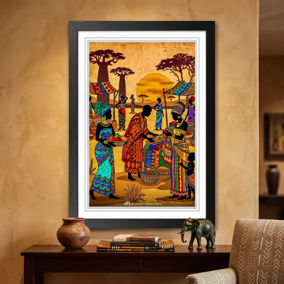 African Marketplace Wall Painting With Frame, 9x13 Inch Aesthetic