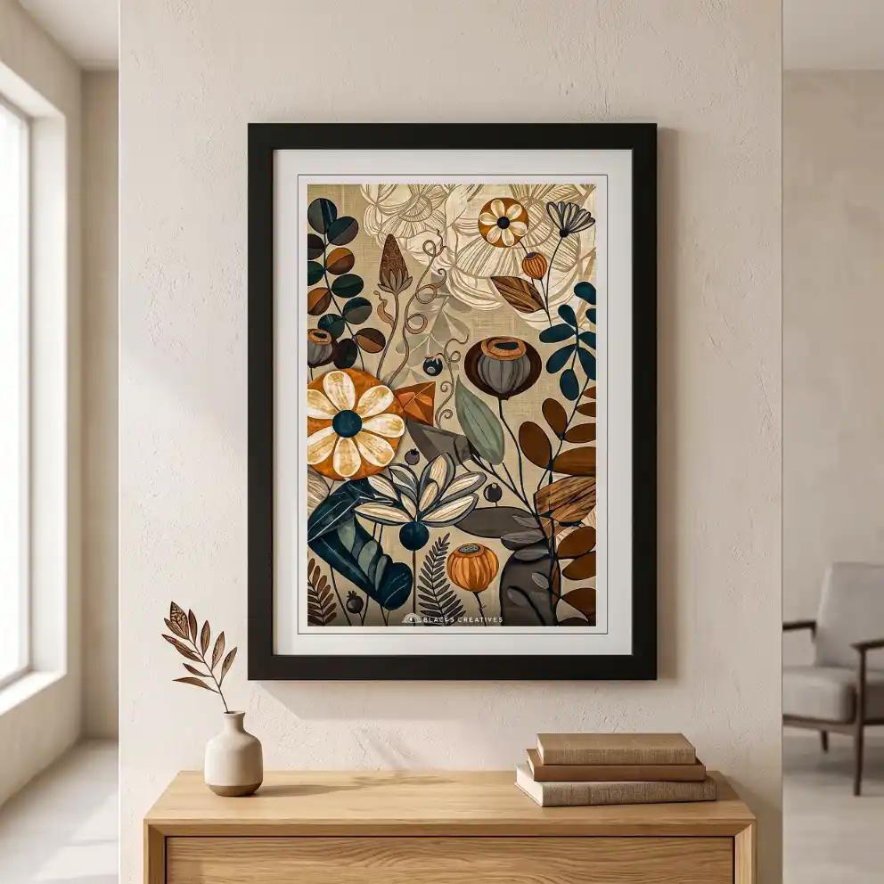 Retro Botanical Wall Painting With Frame, 9x13 Inch Aesthetic