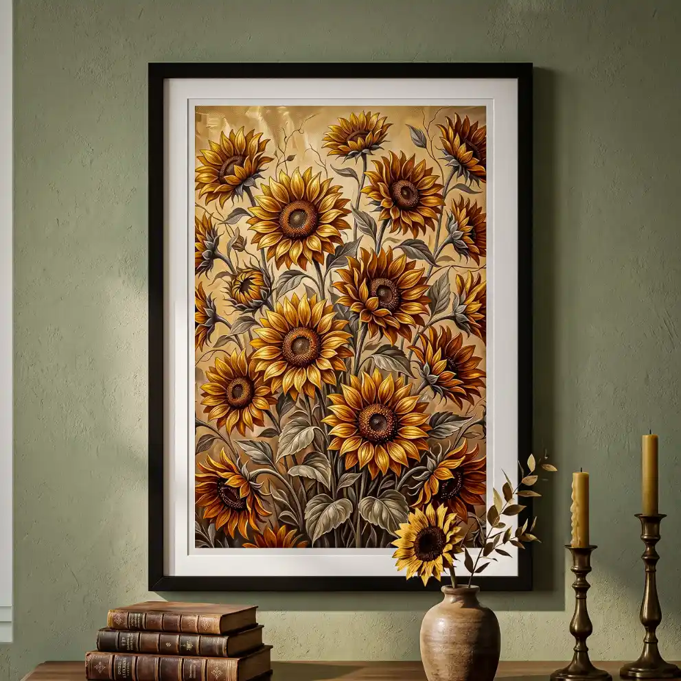 Golden Sunflower Field Wall Painting With Frame, 9x13 Inch