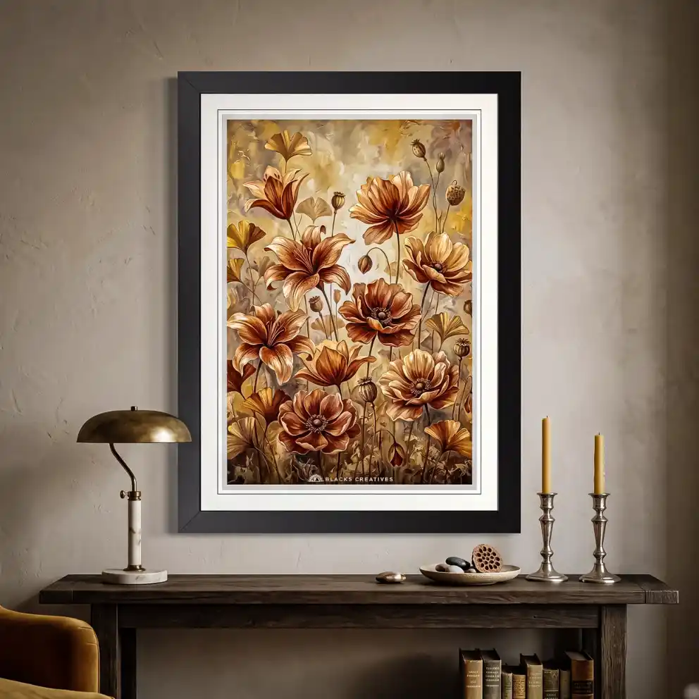 Bronze Lily Poppy Wall Painting With Frame, 9x13 Inch