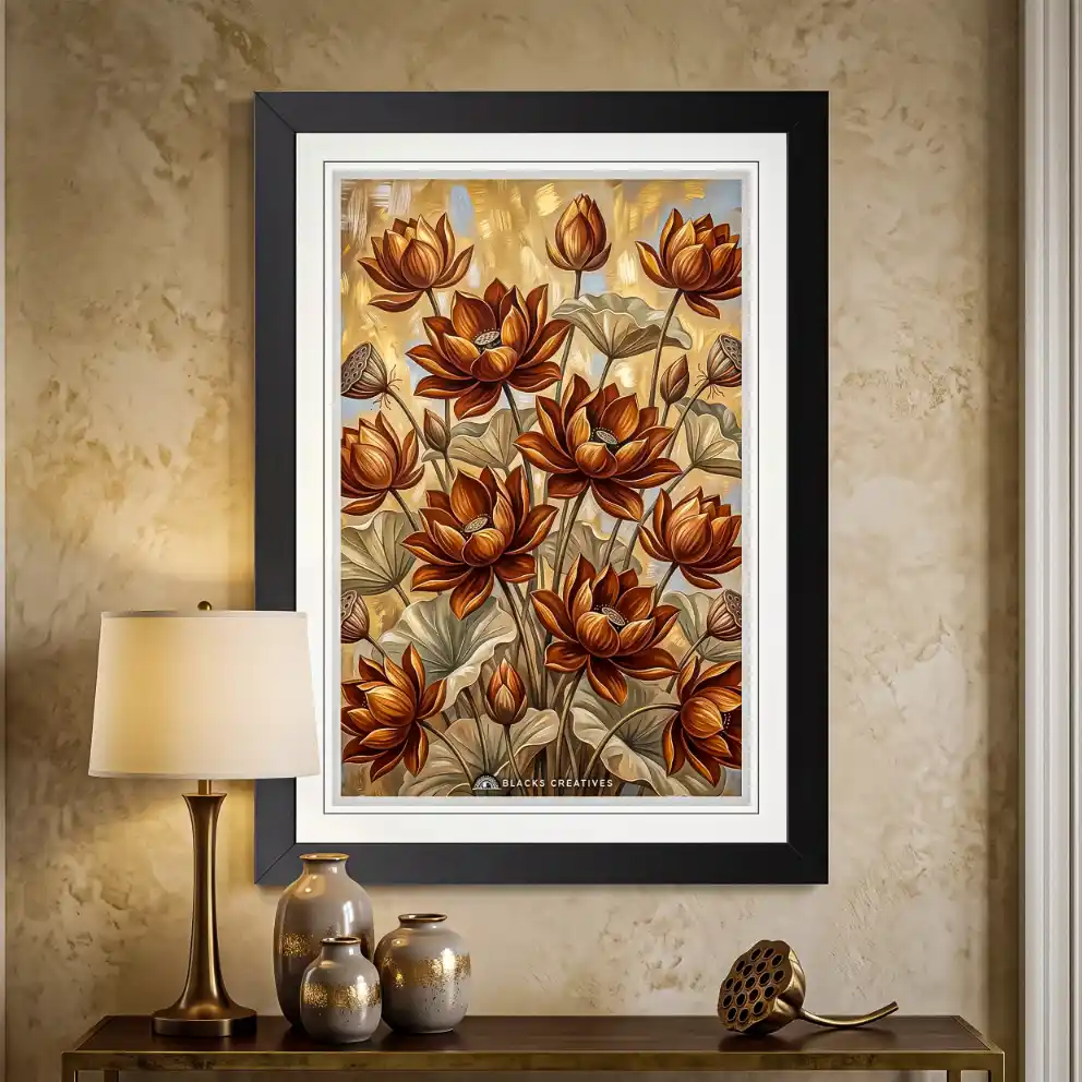 Bronze Lotus Bloom Wall Painting With Frame, 9x13 Inch