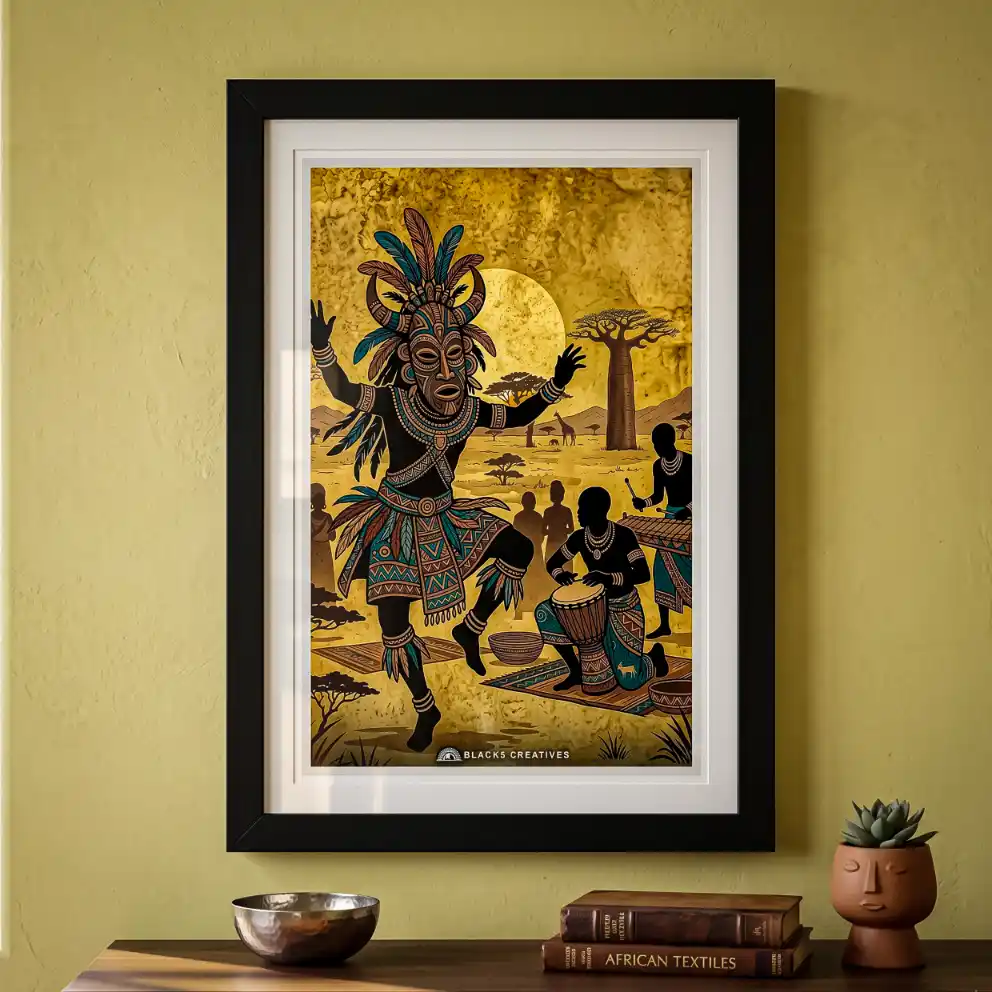 African Ritual Dance Wall Painting With Frame, 9x13 Inch