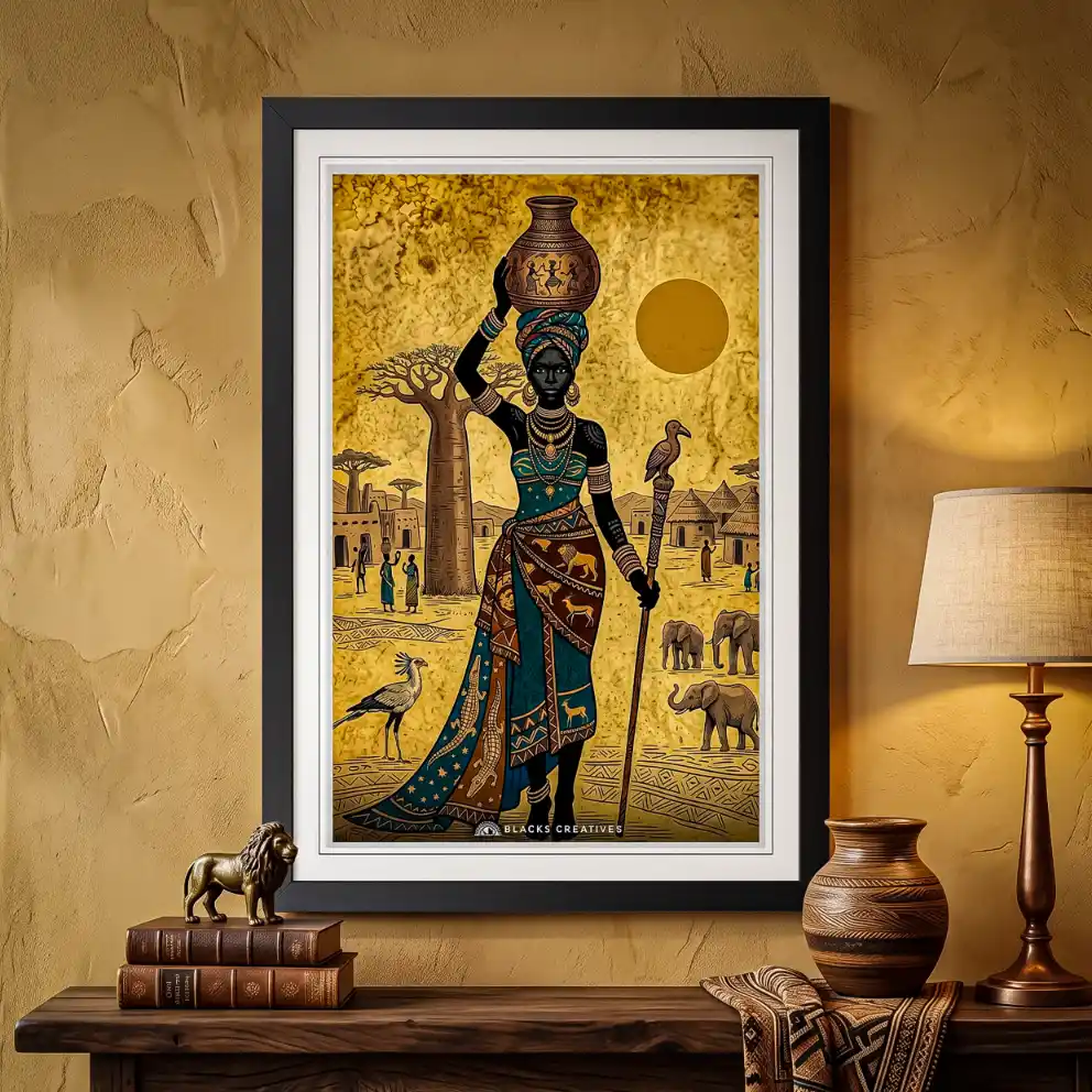 African Woman Village Wall Painting With Frame, 9x13 Inch