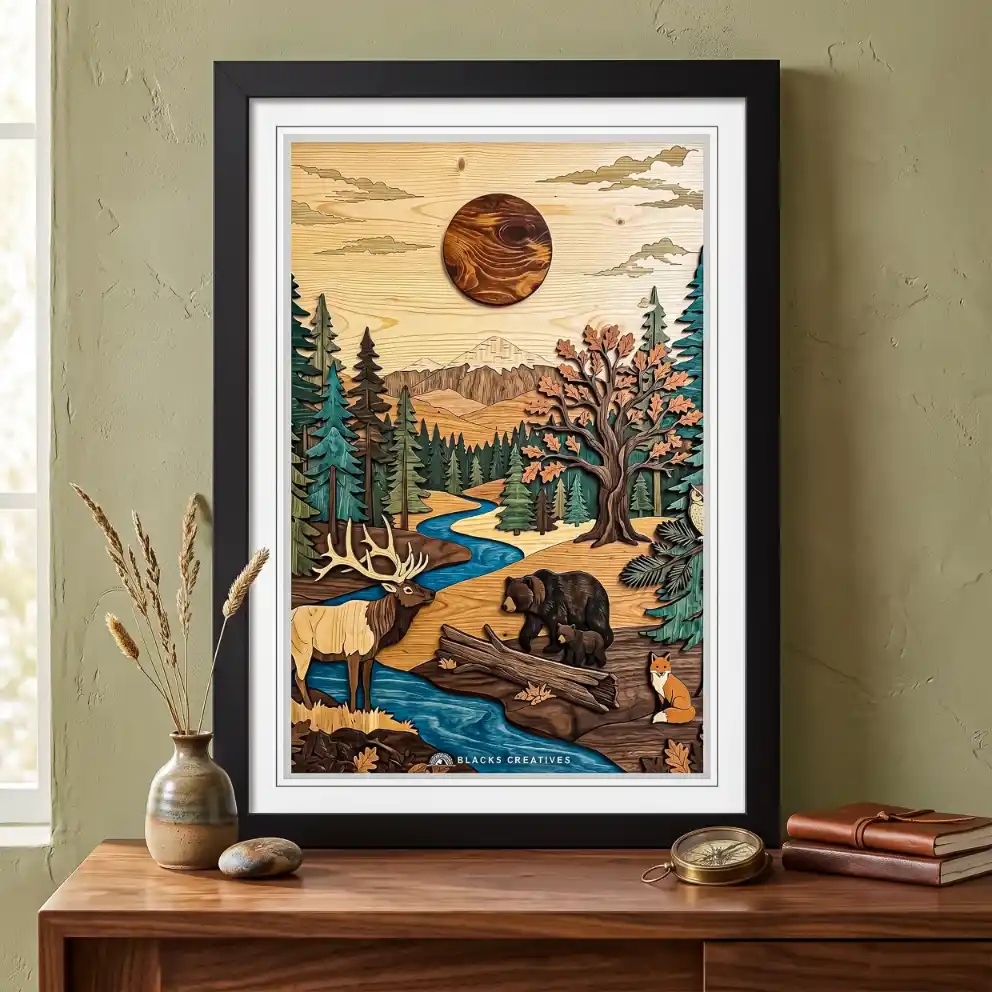Rustic Wood Texture Forest Wildlife Wall Painting With Frame 9x13"