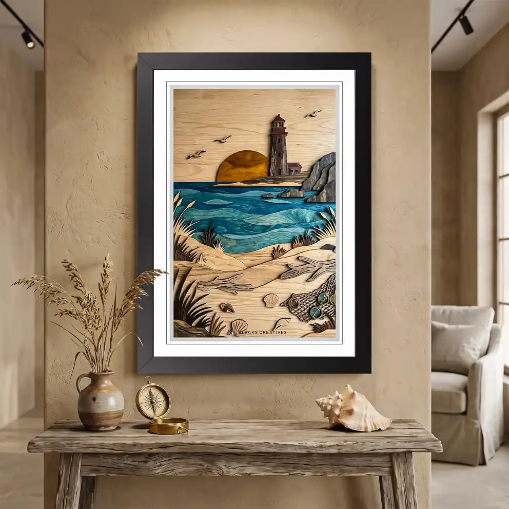 Rustic Wood Texture Lighthouse Wall Painting With Frame 9x13"