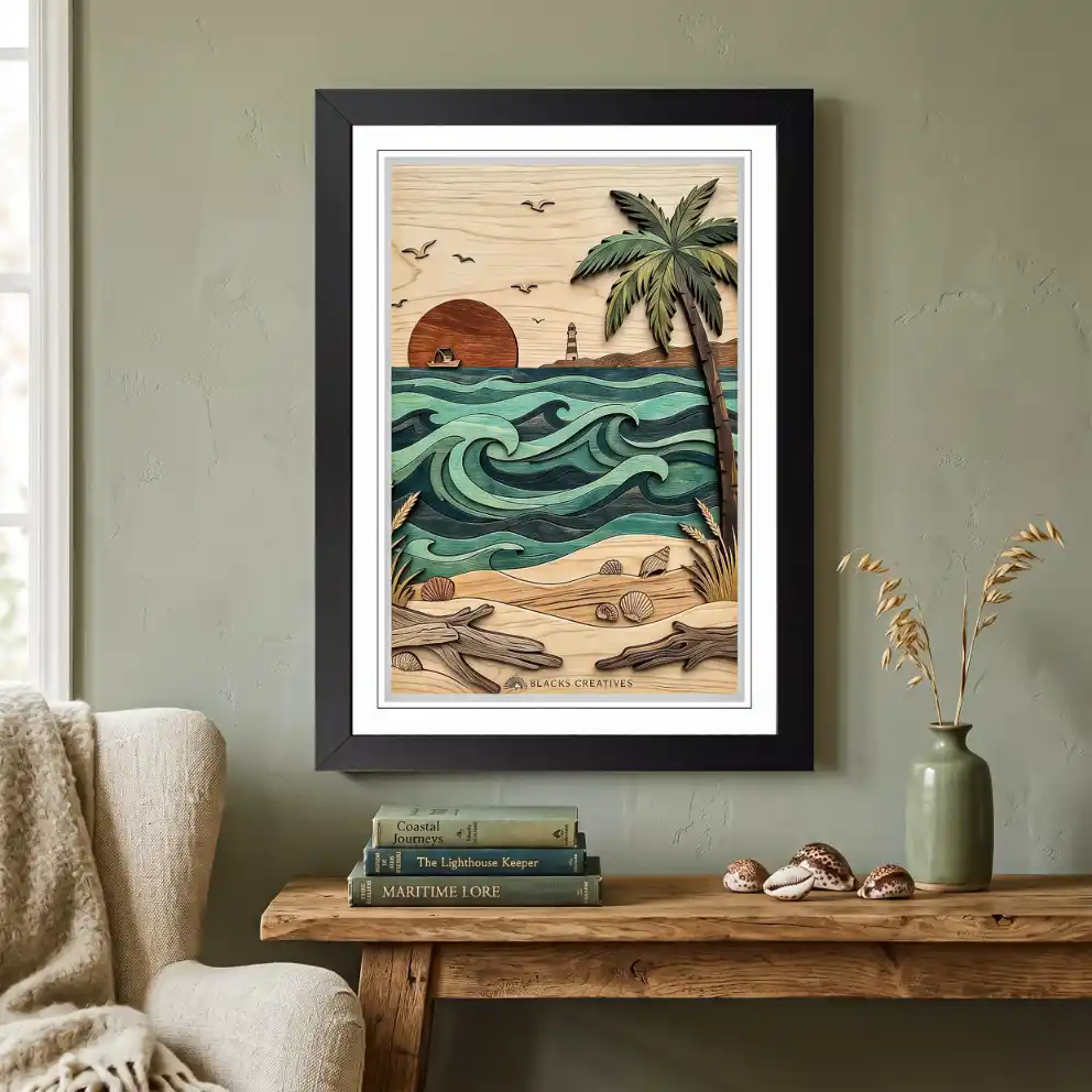 Rustic Wood Texture Tropical Beach Wall Painting With Frame 9x13"