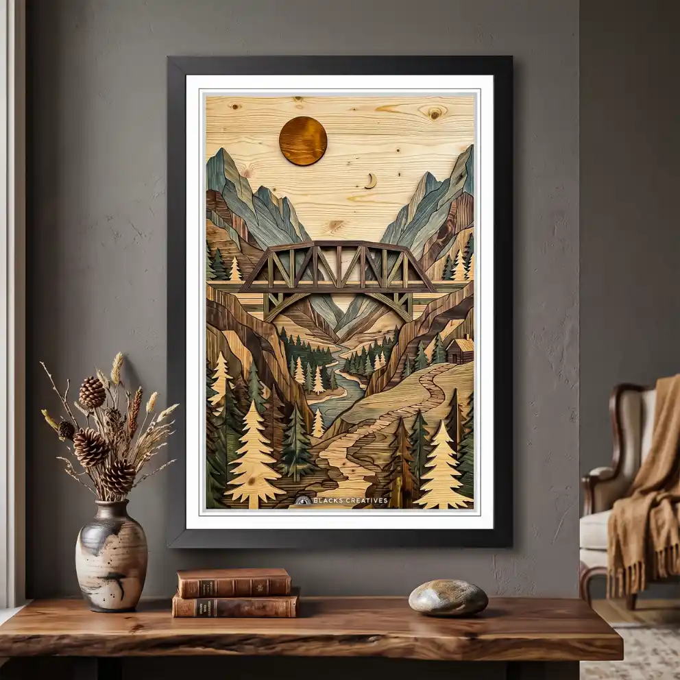 Rustic Wood Texture Mountain Bridge Wall Painting With Frame 9x13"