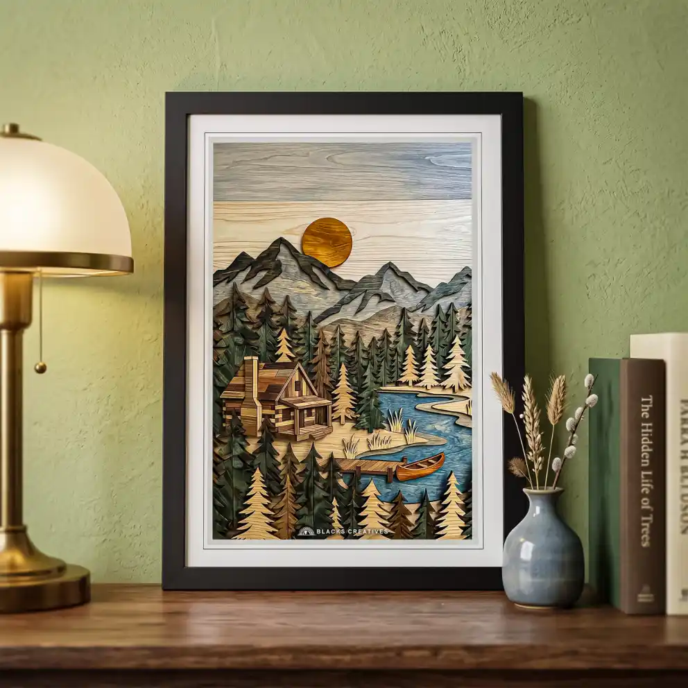 Rustic Wood Texture Log Cabin Wall Painting With Frame 9x13"