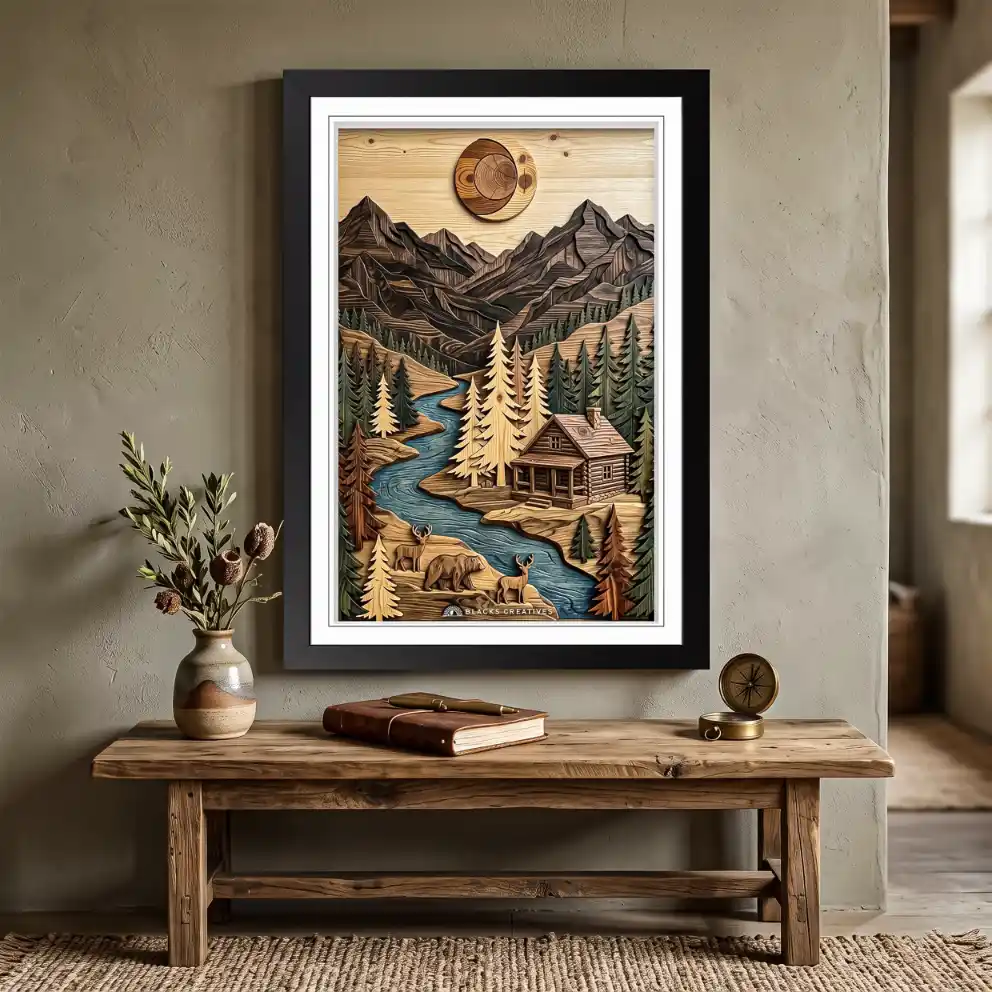 Rustic Wood Texture Mountain Wilderness Wall Painting With Frame 9x13"