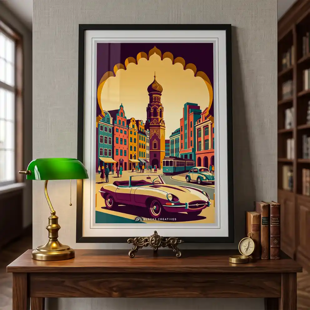 Vintage City Square Aesthetic Wall Painting With Frame 9x13
