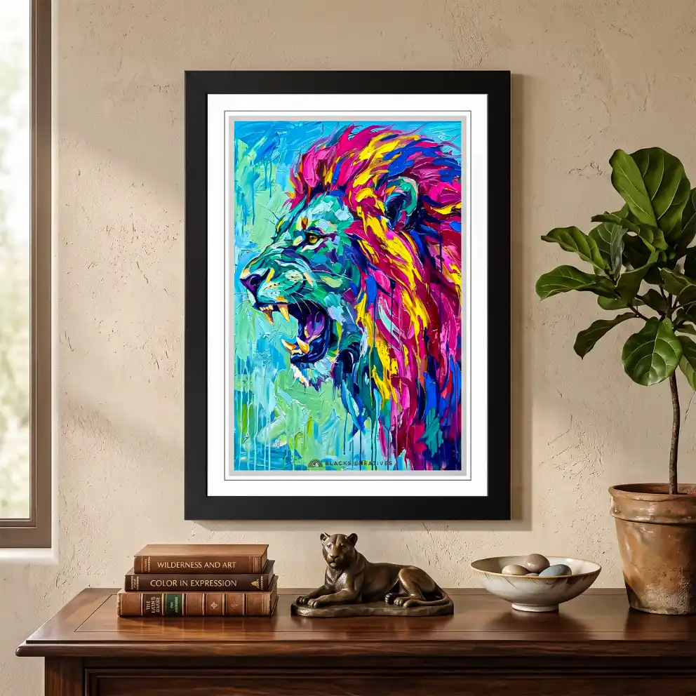 Colorful Roaring Lion Wall Painting with Frame – 9x13 Inch