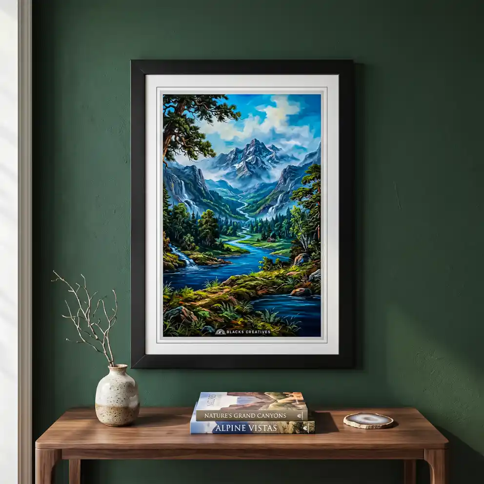 Mountain Valley River Wall Painting with Frame – 9x13 Inch