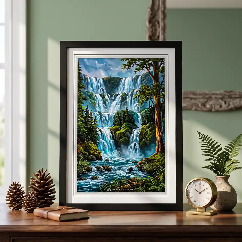 Cascading Forest Waterfall Wall Painting with Frame – 9x13 Inch