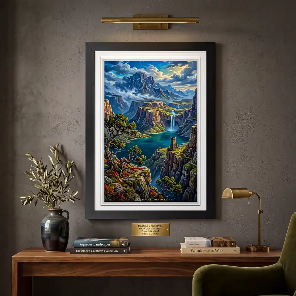 Mountain Lake Watchtower Wall Painting with Frame – 9x13 Inch