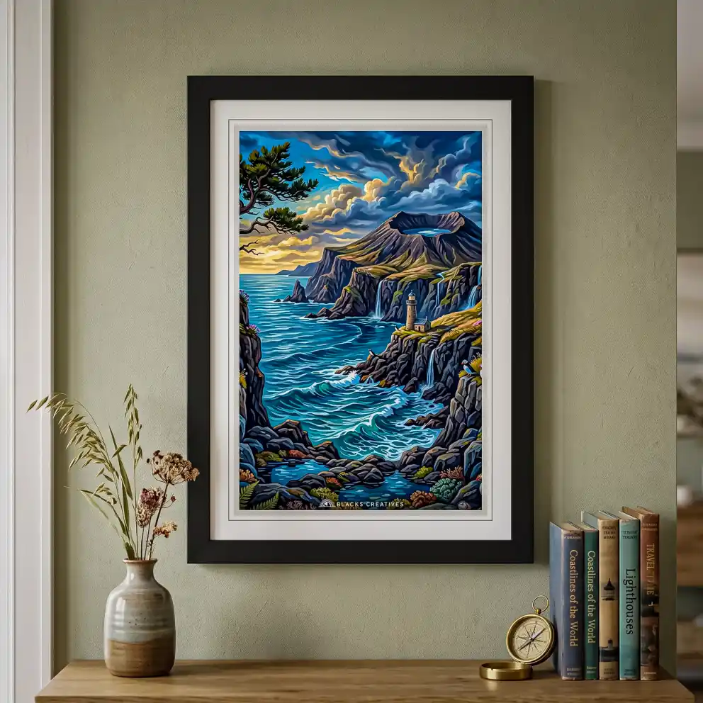 Coastal Cliff Lighthouse Wall Painting with Frame – 9x13 Inch
