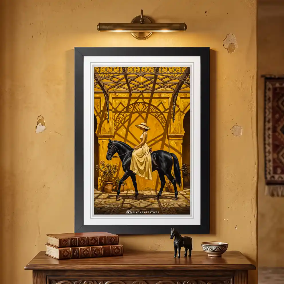 Elegant Horseback Courtyard Wall Painting With Frame 9x13 Inch