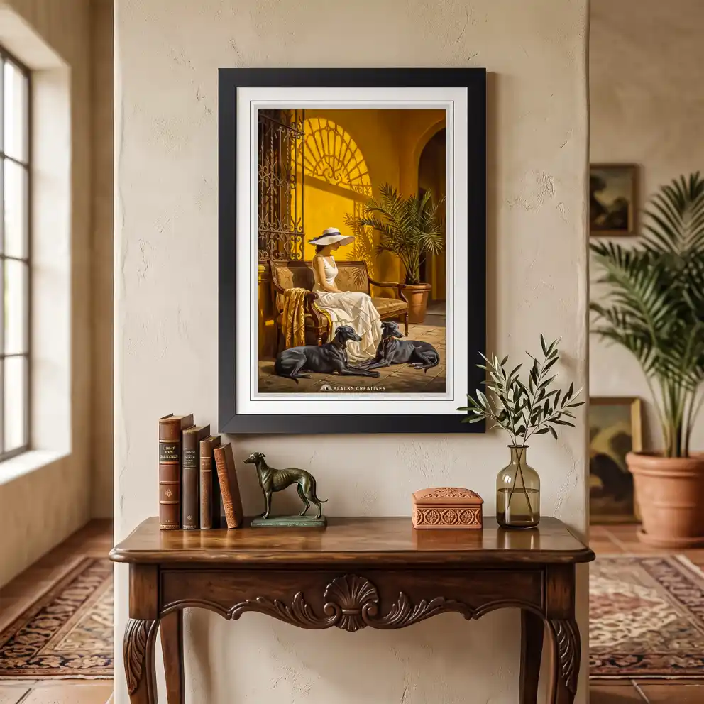 Elegant Courtyard Greyhounds Wall Painting With Frame 9x13 Inch
