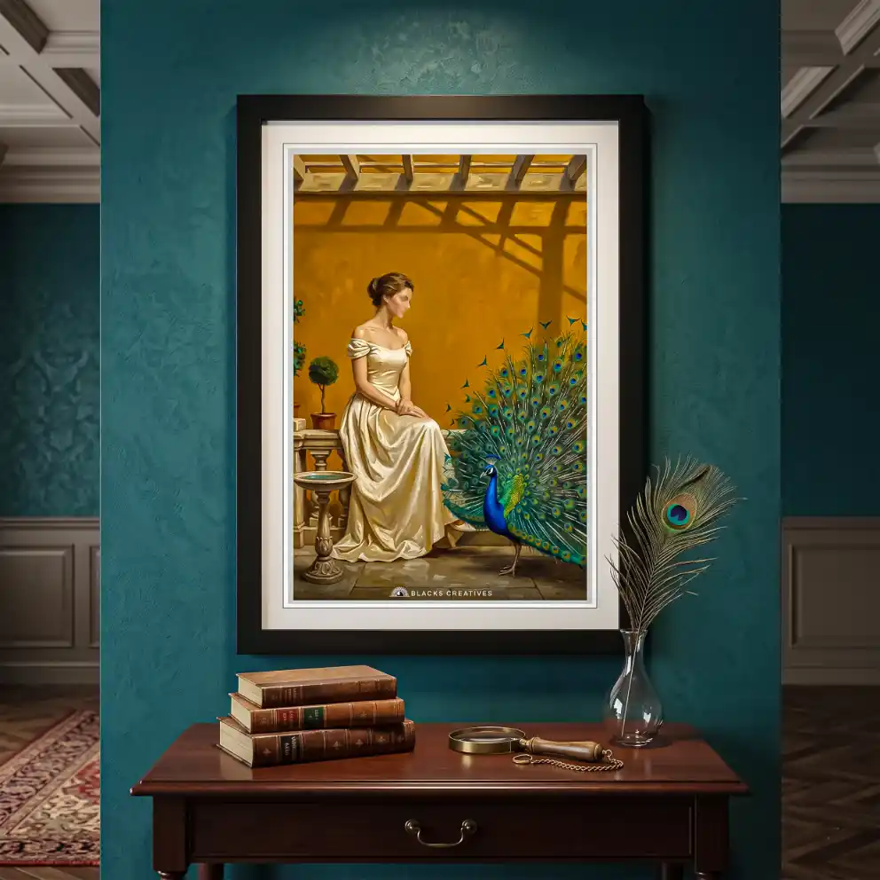 Elegant Courtyard Peacock Wall Painting With Frame 9x13 Inch