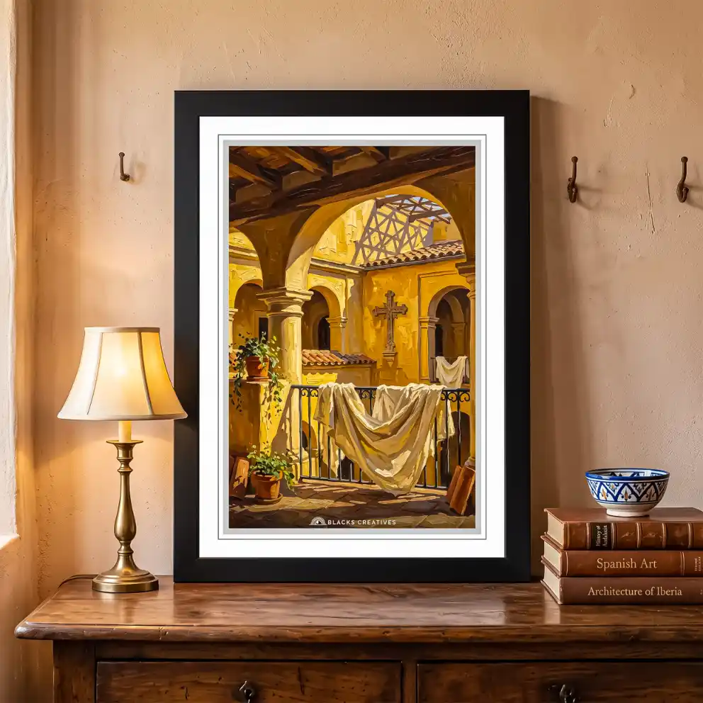 Golden Mediterranean Courtyard Wall Painting With Frame 9x13 Inch