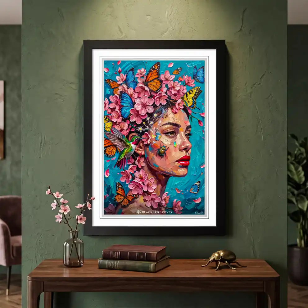 Vibrant Floral Butterfly Portrait Wall Painting With Frame 9x13