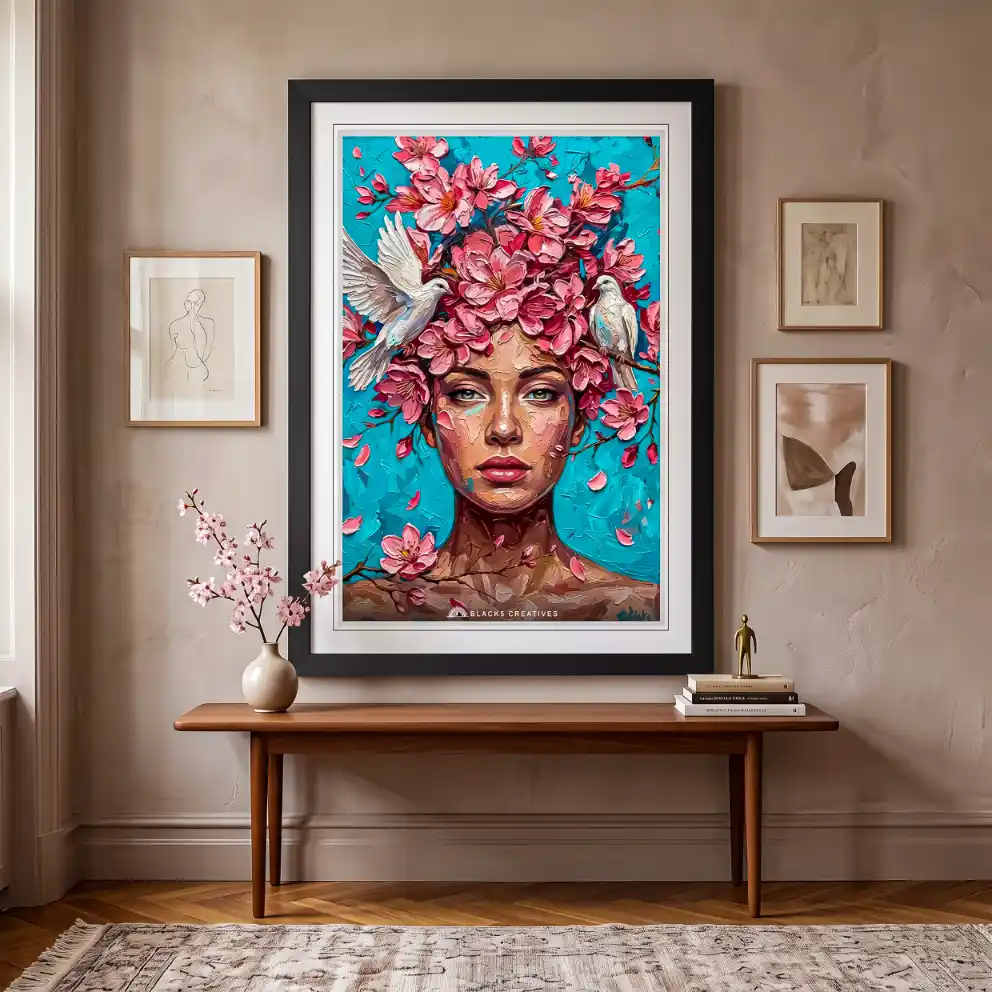 Cherry Blossom Dove Portrait Wall Painting With Frame 9x13