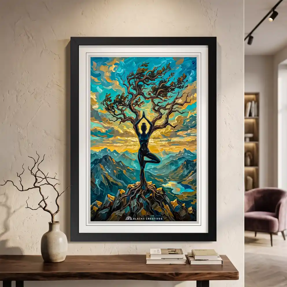 Yoga Tree Pose Mountain Wall Painting With Frame 9x13