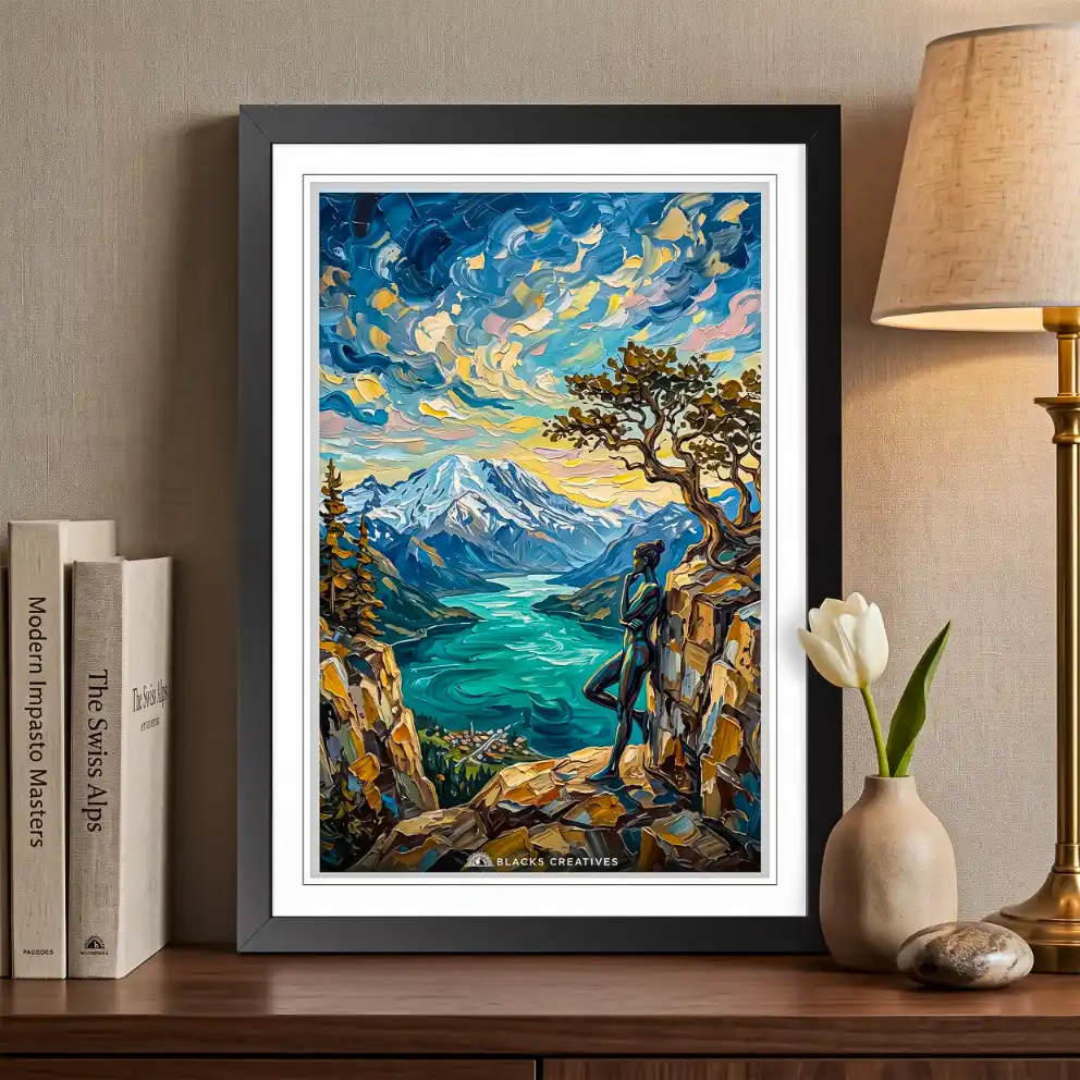 Mountain Lake Vista Silhouette Wall Painting With Frame 9x13