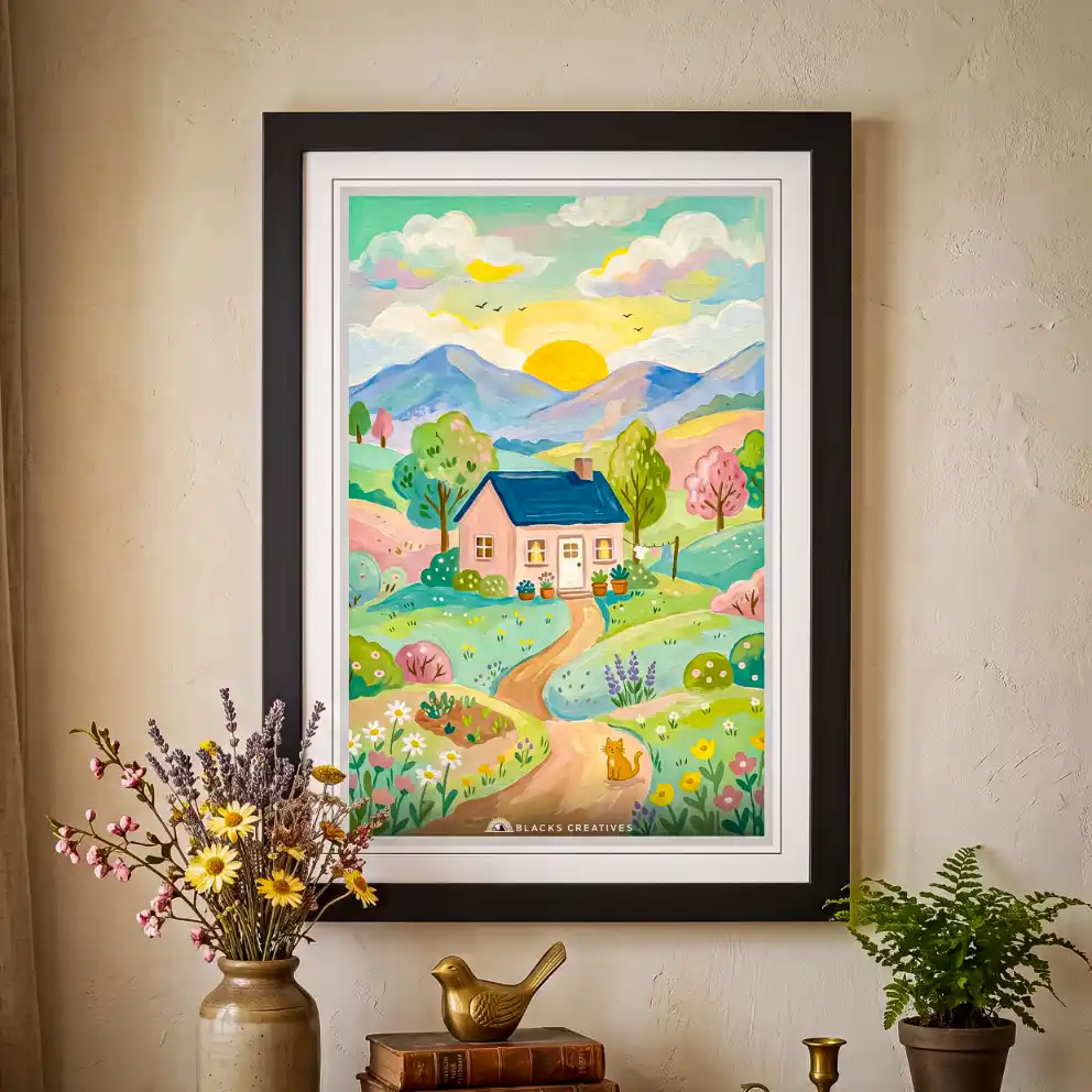 Sunrise Mountain Cottage Wall Painting With Frame 9x13 Inch