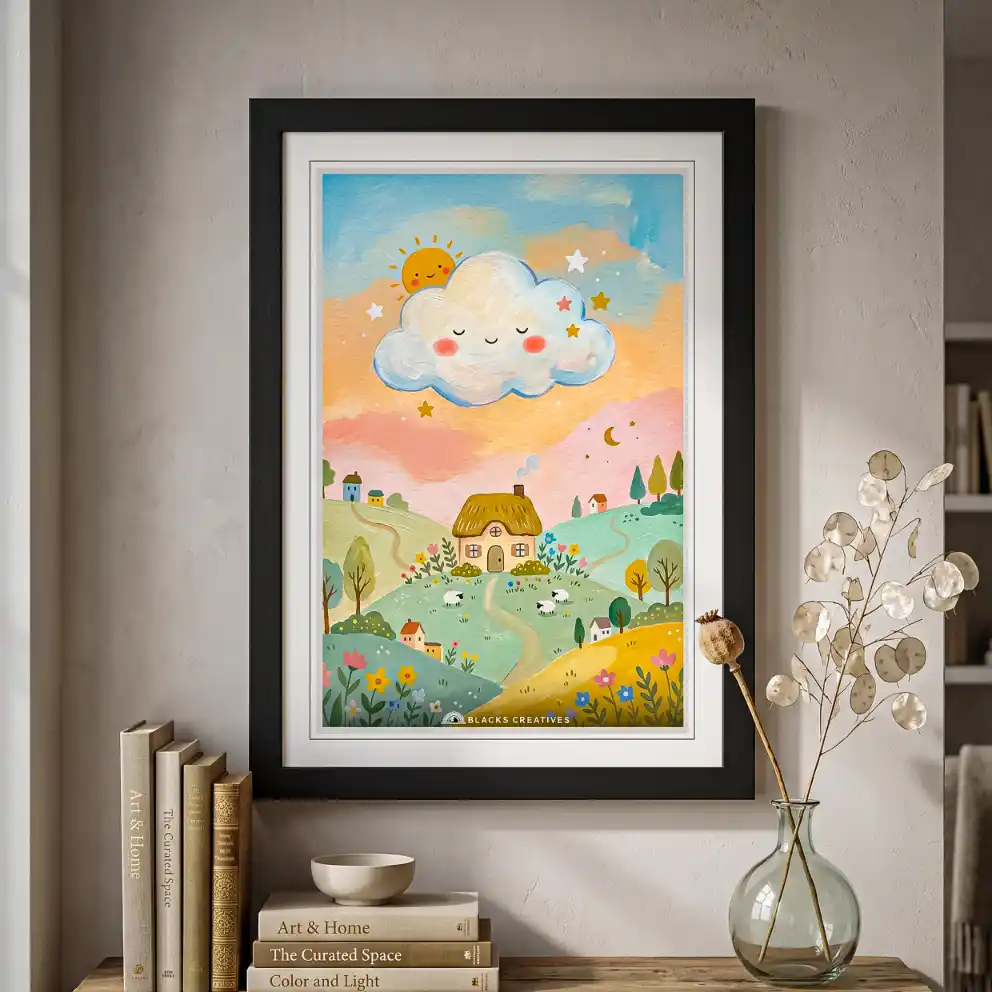 Cute Smiling Cloud Countryside Wall Painting With Frame 9x13