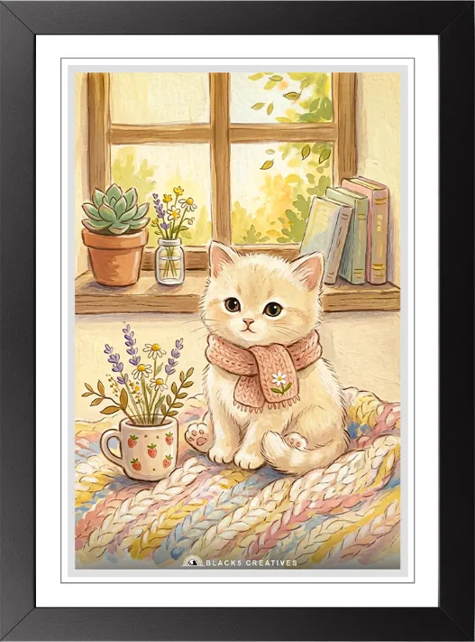 Cozy Scarf Kitten Window Seat Painting With Frame 9x13